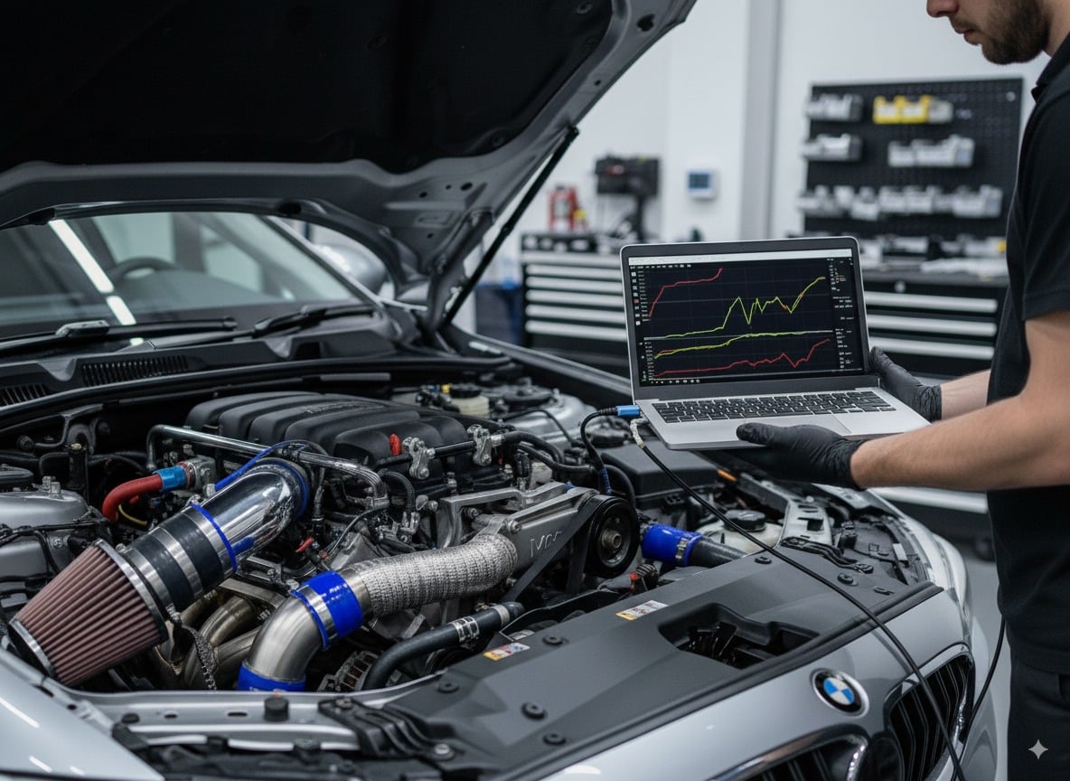 Técnico realizando remapeamento em motor BMW com equipamentos profissionais