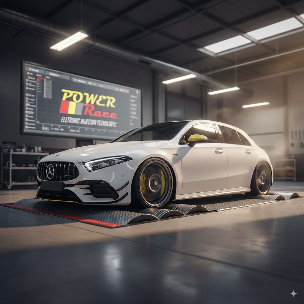 Mercedes-AMG A45 branco sendo testado no dinamômetro da Power Race